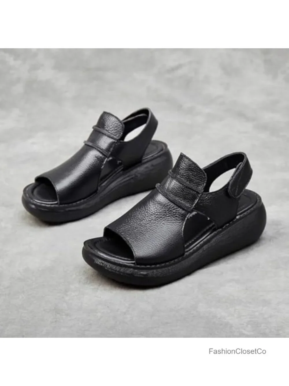 Women's Hook Loop Slingback Wedge Platform Sandals, Cowhide Leather Casual Peep